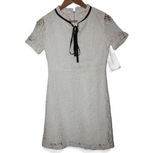 NWOT Womens Mrs White Black Lace Short Sleeve Ribbon Tie Midi Dress Size Medium